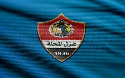 Ghazl El Mahallah SC fabric logo, 4k, blue fabric background, Egyptian Premier League, bokeh, soccer, Ghazl El Mahallah SC logo, EPL, football, Ghazl El Mahallah SC emblem, Ghazl El Mahallah SC, Egyptian football club, Ghazl El Mahallah FC