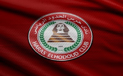 Haras El Hodoud SC fabric logo, 4k, red fabric background, Egyptian Premier League, bokeh, soccer, Haras El Hodoud SC logo, EPL, football, Haras El Hodoud SC emblem, Haras El Hodoud SC, Egyptian football club, Haras El Hodoud FC
