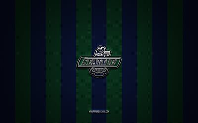 Seattle Thunderbirds logo, American hockey team, Western Hockey League, blue green carbon background, WHL, Seattle Thunderbirds emblem, hockey, Seattle Thunderbirds, USA