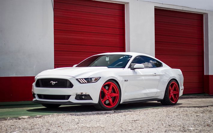 ford mustang, gt, incurve lp-5, weiße mustang, sport coupe, rot räder