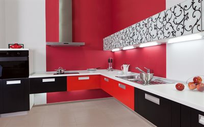 modern kitchen design, red kitchen, kitchen furniture, red furniture