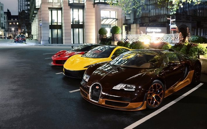Bugatti Veyron, el Mclaren P1, Ferrari jeep, aparcamiento, superdeportivos