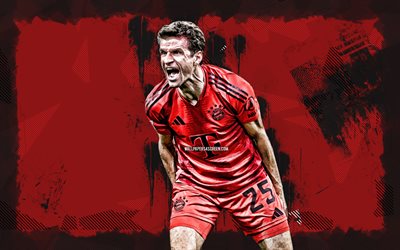 4k, thomas muller, kırmızı grunge arka plan, bayern münih fc, bundesliga, alman futbolcuları, thomas muller 4k, futbol, thomas muller bayern münih