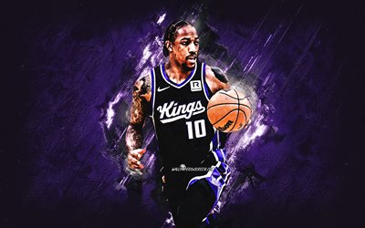 demar derozan, sacramento kralları, amerikan basketbol oyuncusu, mor taş arka plan, grunge art, nba, amerika, basketbol, demar derozan sacramento kralları