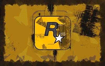 Rockstar Games grunge logo, 4k, games brands, yellow grunge background, Rockstar Games logo, artwork, brands logo, Rockstar Games, brands