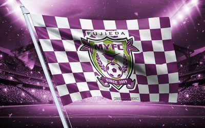4k, fujieda myfc 로고, 일본 축구 클럽, 경기장 깃발, fujieda myfc 팬 깃발, 보라색 흰색 깃발, fujieda myfc emblem, j2 리그, 일본, 축구, 후지 에다 myfc
