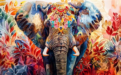 éléphant abstrait, 4k, œuvres d'art, art aquarelle, animaux abstraits, éléphants, contexte avec éléphant