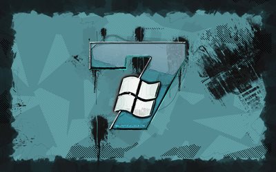 windows 7 grunge  logotyp, 4k, os  varumärken, grå grunge bakgrund, konstverk, windows 7  logotyp, märkeslogotyp, windows 7, märke, windows seven  logotyp, windows seven