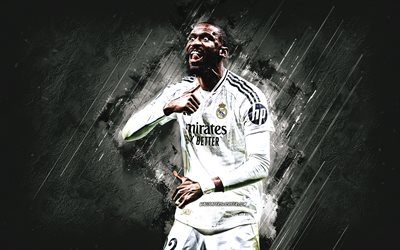 Antonio Rudiger, Real Madrid, German football player, white stone background, grunge art, La Liga, Spain, football, Antonio Rudiger Real Madrid