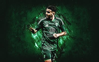 Riyad Mahrez, Al-Ahli Saudi FC, Algerian football player, green stone background, grunge art, Saudi Pro League, Al-Ahli, football, Riyad Mahrez Al-Ahli