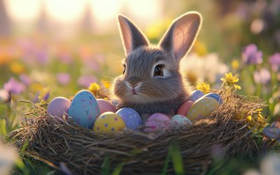 bunny di pasqua, 4k, cesto con uova di pasqua, sera, tramonto, buona pasqua, uova di pasqua, coniglio in un cestino, decorazioni pasquali