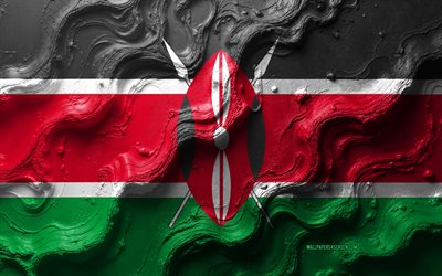 kenia flagge, 4k, steinwellen textur, flagge von kenia, 3d kenia flagge, afrika, flaggen der afrikanischen länder, kenia
