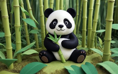 panda de dibujos animados, 4k, arte 3d, animales de dibujos animados, selva, creativo, panda, panda de corazón, panda 3d, animales 3d