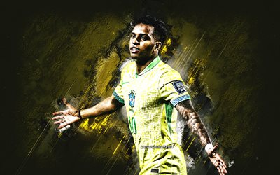 Rodrygo, Brazil national football team, Brazilian football player, yellow stone background, grunge art, Brazil, football, Rodrygo Silva de Goes, Rodrygo Brazil