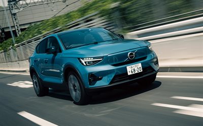 volvo c40  laddning, 4k, rörelse oskärpa, 2025 bilar, övergång, 2025 volvo c40, blue volvo c40, svenska bilar, vulvo