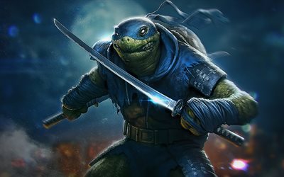 leonardo, 4k, nacht, teenage mutant ninja turtles, 3d  kunst, tmnt  charaktere, löwe, mutierte schildkröten, ninja turtles, tmnt, leonardo tmnt