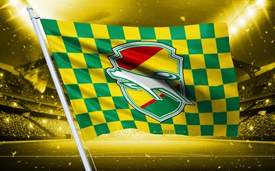 4k, logo jef united chiba, club de football japonais, drapeau du stade, drapeau des fans de jef united chiba, drapeau vert jaune, jef united chiba emblem, ligue j2, japon, football, jef united chiba