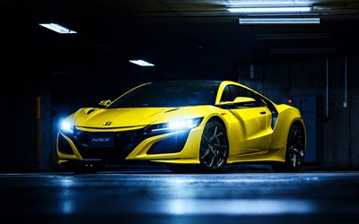 Honda NSX, 4k, headlights, 2024 cars, night, supercars, Yellow Honda NSX, 2024 Honda NSX, japanese cars, Honda