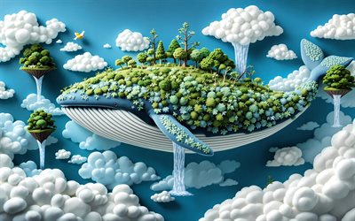 3d  wal, bäume auf einem wal, ökologische konzepte, sich um die natur kümmern, sich um die erde kümmern, naturkonzepte, 3d  wal mit wald