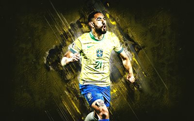 Matheus Cunha, Brazil national football team, yellow stone background, grunge art, Brazilian football player, Brazil, football, Matheus Santos Carneiro Da Cunha, Matheus Cunha Brazil