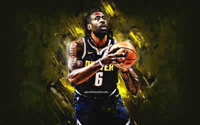 Deandre Jordan, Denver Nuggets, NBA, American basketball player, yellow stone background, grunge art, National Basketball Association, USA, basketball, DeAndre Jordan Jr