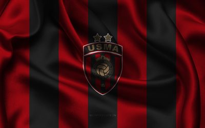 4k, logo usm alger, tissu de soie noire rouge, équipe de football algérien, emblème usm alger, liga 1, usm alger, algérie, football, usm alger fc
