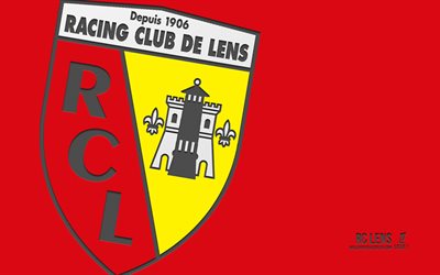 logo dell'obiettivo rc, 4k, sfondo rosso, art di carbonio, usl, emblema dell'obiettivo rc, club di calcio francese, ligue 1, francia, lente fc, calcio, lente rc, racing club de lens