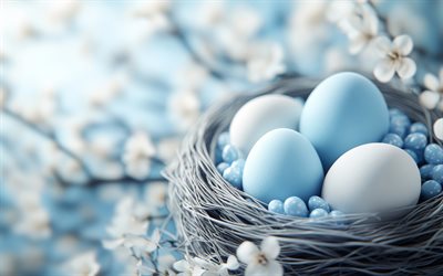 ostereier, frohe ostern, blaue ostereier, osterdekoration, nest mit ostereier, hintergrund für osterkarte, frühling, frühlingsblumen, blauer osterhintergrund