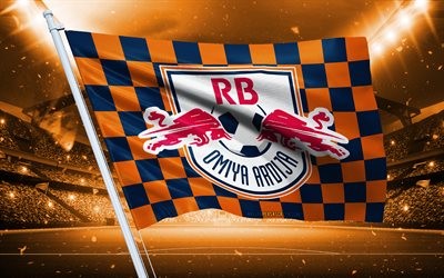 4k, rb omiya ardija 로고, 일본 축구 클럽, 경기장 깃발, rb omiya ardija 팬 플래그, 오렌지 블랙 깃발, rb omiya ardija emblem, j2 리그, 일본, 축구, rb omiya ardija
