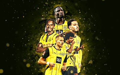 Borussia Dortmund, 4K, Bundesliga, german football club, yellow neon lights, Borussia Dortmund football players, Jamie Gittens, Waldemar Anton, Serhou Guirassy, Karim Adeyemi, Ramy Bensebaini, football, soccer, BVB, Borussia Dortmund FC