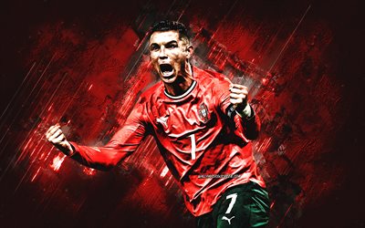 cristiano ronaldo, cr7, portekiz ulusal futbol takımı, portekizli futbolcu, kırmızı taş arka plan, grunge art, uefa milletler ligi, uefa, portekiz, futbol, cristiano ronaldo portekiz