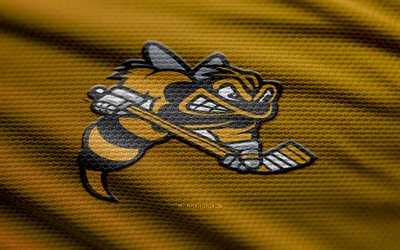 Sarnia Sting fabric logo, 4k, yellow fabric background, OHL, bokeh, hockey, Sarnia Sting logo, Sarnia Sting emblem, american hockey club, Sarnia Sting
