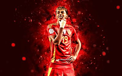 lamin yamal, 4k, rote neonlichter, spanien national football team, uefa, spanische fußballer, lamin yamal 4k, fußball, nationalmannschaften, lamine yamal spanienteam