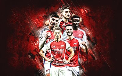 Arsenal FC, English football club, red stone background, grunge art, Arsenal FC football players, Premier League, England, Bukayo Saka, Mikel Merino, Kai Havertz, Leandro Trossard