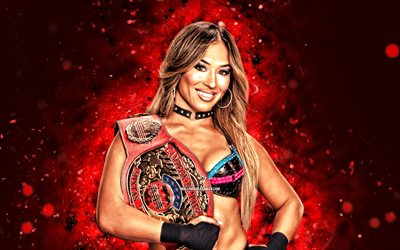Lola Vice, 4k, red neon lights, WWE, creative, american wrestler, Lola Vice with belt, NXT, red abstract background, World Wrestling Entertainment, wrestlers, Lola Vice 4K