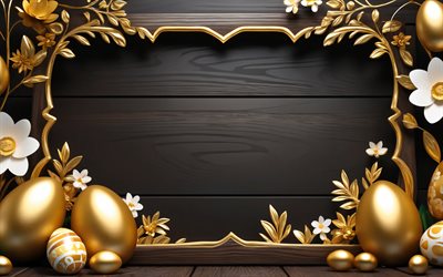 4k, molduras douradas de páscoa, fundo de madeira escuro, decorações florais, ovos de páscoa, flores, molduras de páscoa, feliz páscoa, decorações de páscoa, fundos de páscoa, páscoa