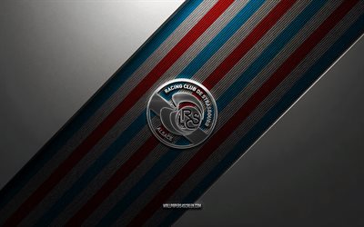 RC Strasbourg Alsace logo, 4k, steel background, French football club, red blue lines, RC Strasbourg Alsace emblem, Ligue 1, RC Strasbourg Alsace, France, football, RC Strasbourg Alsace metal logo, RC Strasbourg Alsace crest