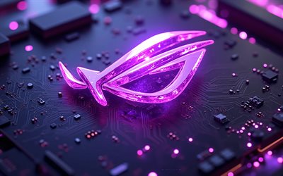 asus rog lila glödande logotyp, 4k, asus rog emblem, asus rog lila glödande skylt, asus rog logotyp, lila techno bakgrund, asus rog, republic of gamers, rog logotyp, rog