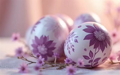 mor paskalya yumurtaları, 4k, mutlu paskalyalar, paskalya yumurtalarında mor süsler, paskalya süsleri, paskalya yumurtaları, paskalya, kavramlar