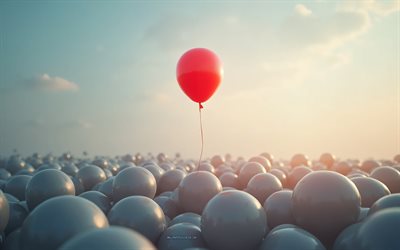 Be different, 4k, Be a leader, red balloon, Be different concepts, leadership concepts, red balloon over gray, Be a leader concepts