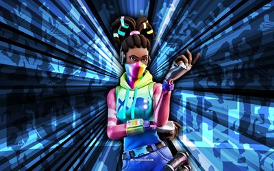 4k, arcoiris complejo, fondo de rayos azules, piel de arco iris koplex, komplex arcoiris fortnite, arte abstracto, piel de arcoíris komplex de fortnite, personajes fortnite, fortnite, arte creativo