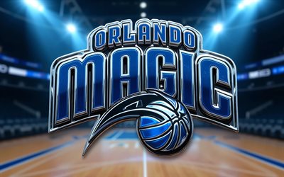 logotipo 3d del magic de orlando, 4k, fondo del estadio de baloncesto, nba, creativo, baloncesto, logotipo del magic de orlando, logotipo metálico de los orlando magic, equipo de baloncesto americano, magia de orlando
