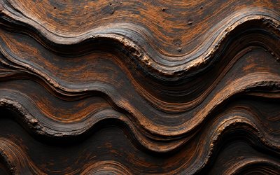 4k, textura de madeira escura, texturas naturais, ondas de madeira 3d, madeira dura, ondas de madeira, texturas de madeira, fundo de madeira escuro, textura de madeira ondulada