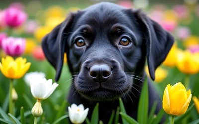 cachorro labrador negro, 4k, primavera, bokeh, perros, animales lindos, cachorros, mascotas, labrador negro, flores de primavera, labrador, cachorro en el césped, perro labrador