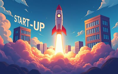 4k, Start-Up, creative, rocket takeoff, motivation, cartoon art, inspiration, Start-Up concepts, Start-Up inspiration, artwork, Start-Up Art, Start Up