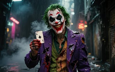 4k, joker sonriente, noche, arte 3d, lluvia, arte de dibujos animados, supervillano, bromista, arte abstracto, comodín 4k, creativo, arte del comodín