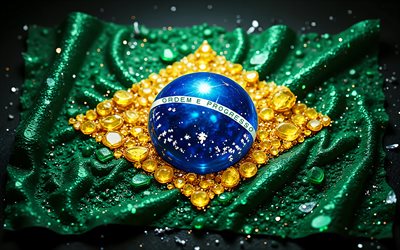 Brazilian flag, 4K, gemstones, flag of Brazil, crystals, shiny stones, Brazil, creative art, green gemstones, blue yellow green crystals, Brazil flag, Ordem e Progresso