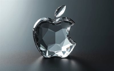 Apple crystal 3D logo, 4k, gray metal background, Apple 3D emblem, Apple logo, Apple sign, Apple emblem, Apple