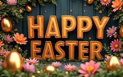 feliz páscoa, 4k, letras 3d marrons, fundo de madeira escuro, ovos de páscoa dourados, molduras de páscoa, decorações de páscoa, fundos de páscoa, ovos de páscoa, inscrição de feliz páscoa, páscoa