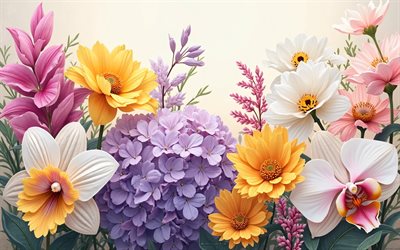 flores de primavera, 4k, fondo floral 3d, conceptos de primavera, hortensias, crisantemos rosados, orquídeas, flores 3d